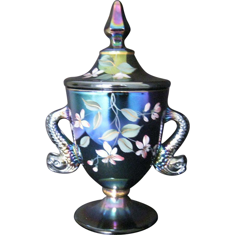Fenton Black Amethyst Hand Painted Temple Jar Fenton Black Amethyst Hand Painted Temple Jar