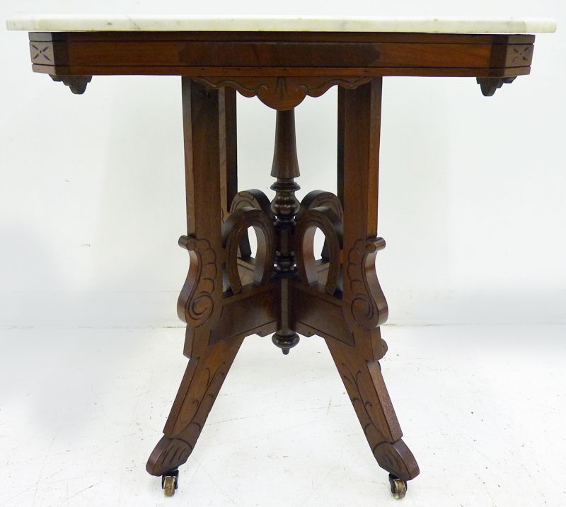 Walnut Marble Top Stand with Horseshoe Motif Walnut Marble Top Stand with Horseshoe Motif