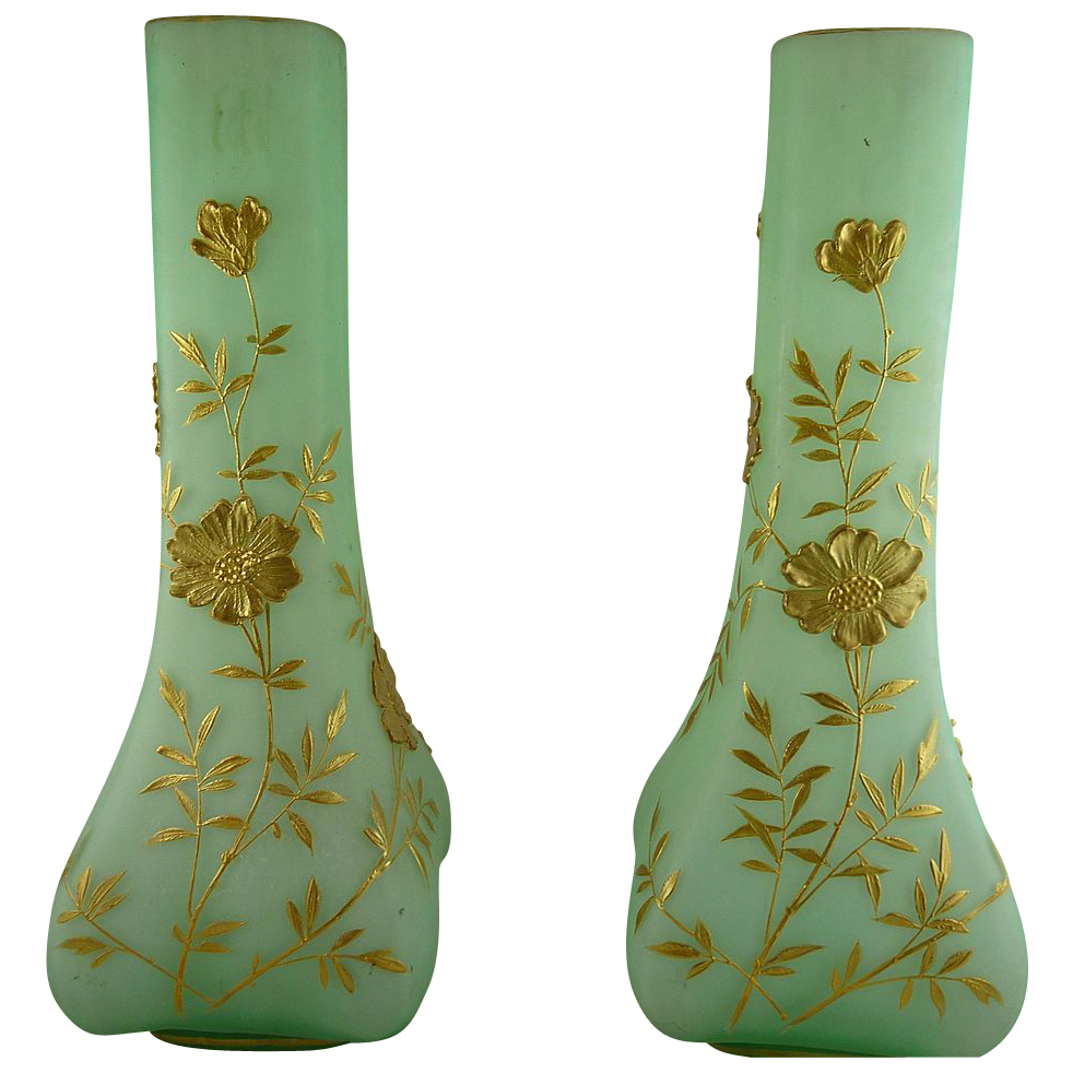Pair of Victorian Satin Glass Mantle Vases with Gold Decoration from ornaments on Ruby Lane