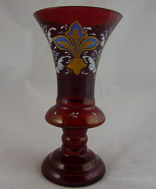 Bohemian Ruby Glass Goblet Form Vase with Enamel Bohemian Ruby Glass Goblet Form Vase with Enamel