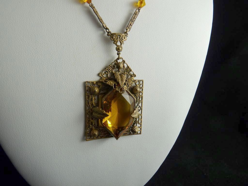 Ornate Art Deco Brass Filigree Czech Glass Pendant Necklace Ornate Art Deco Brass Filigree Czech Glass Pendant Necklace