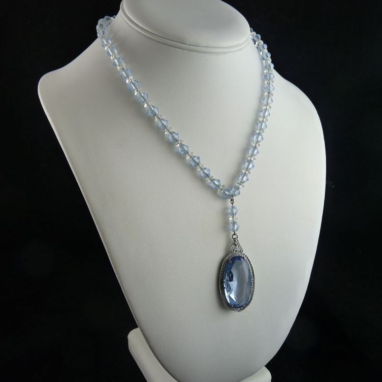 Art Deco Pendant Necklace Filigree Setting Blue Glass Beads Art Deco Pendant Necklace Filigree Setting Blue Glass Beads