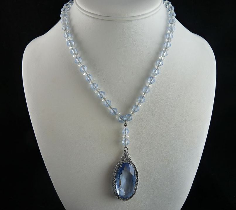 Art Deco Pendant Necklace Filigree Setting Blue Glass Beads Art Deco Pendant Necklace Filigree Setting Blue Glass Beads