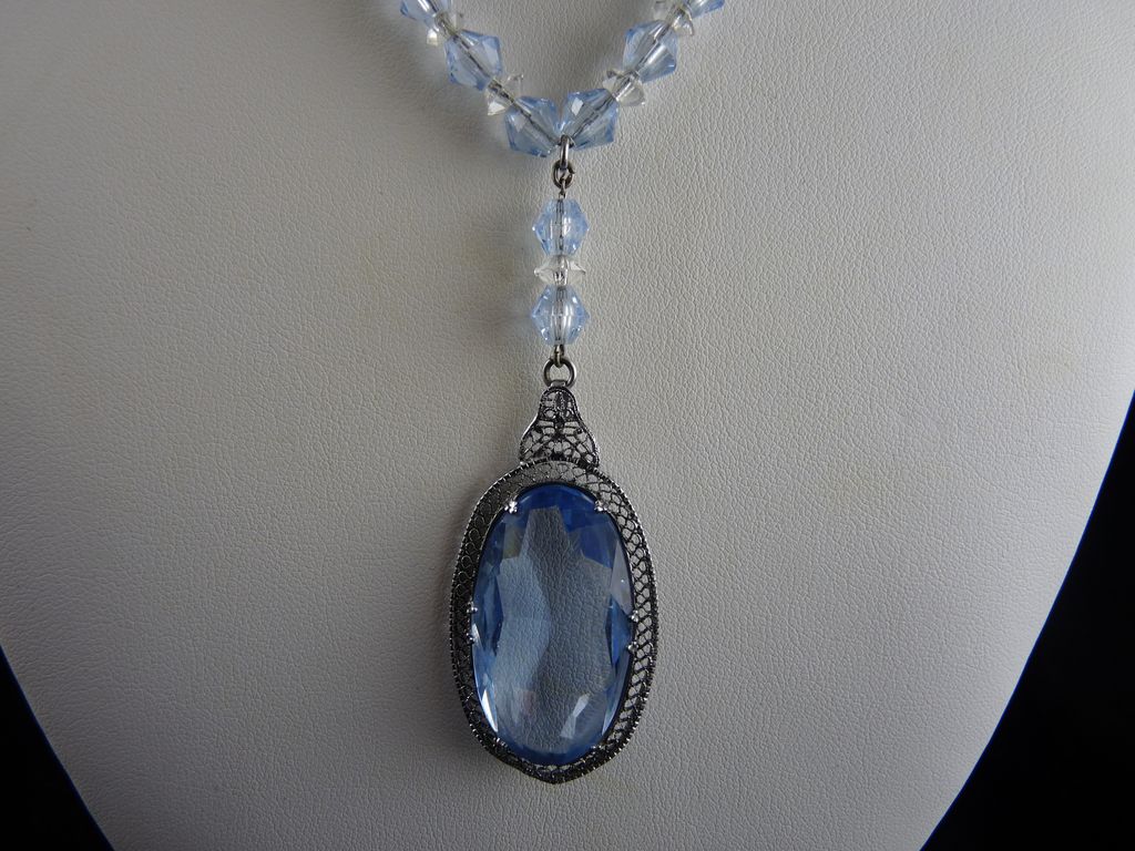 Art Deco Pendant Necklace Filigree Setting Blue Glass Beads Art Deco Pendant Necklace Filigree Setting Blue Glass Beads