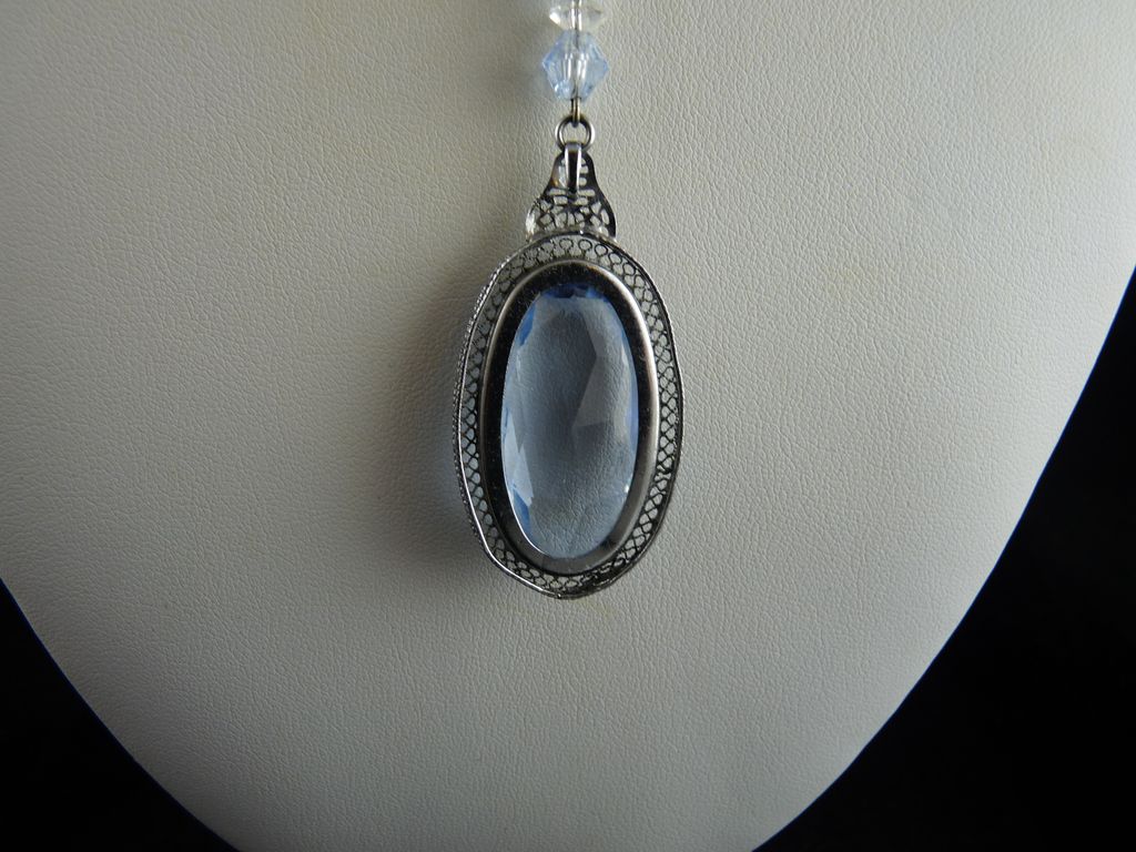 Art Deco Pendant Necklace Filigree Setting Blue Glass Beads Art Deco Pendant Necklace Filigree Setting Blue Glass Beads