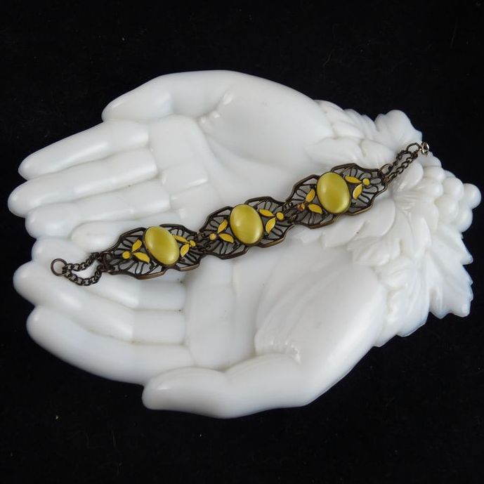 Art Deco Brass Filigree Bracelet with Yellow Enamel and Glass Art Deco Brass Filigree Bracelet with Yellow Enamel and Glass