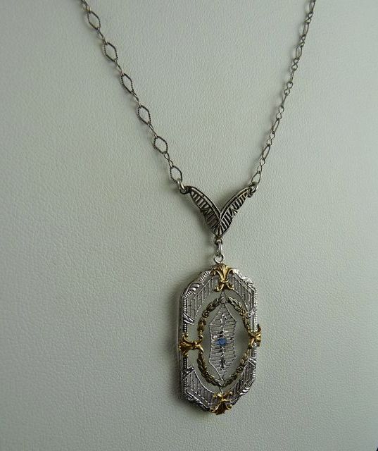 Art Deco Sterling Filigree Pendant Necklace Rhodium Plated Art Deco Sterling Filigree Pendant Necklace Rhodium Plated