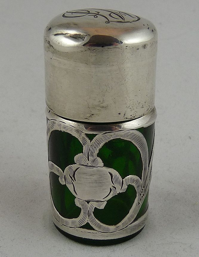 Sterling Silver Overlay Perfume or Salts Bottle Green Glass Sterling Silver Overlay Perfume or Salts Bottle Green Glass
