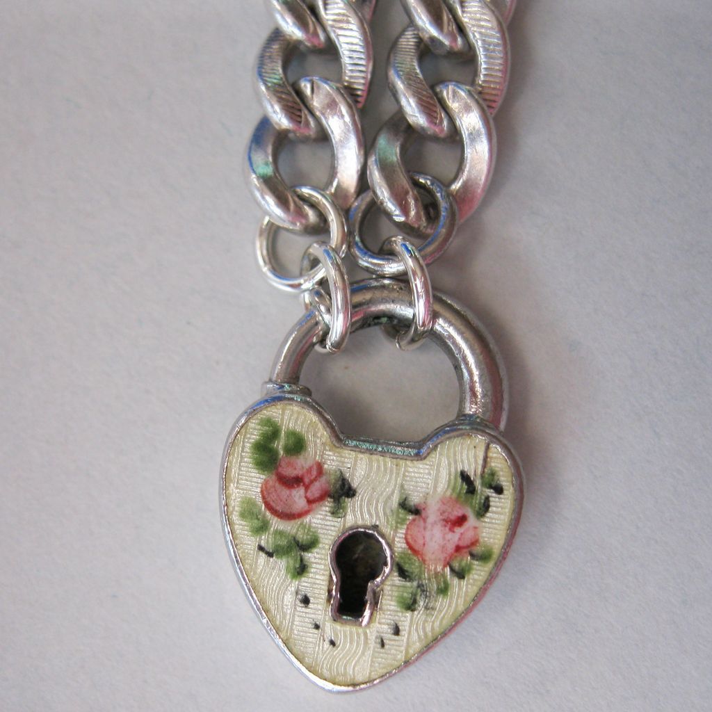 Vintage Sterling Guilloche Rose Heart Padlock Charm Bracelet Vintage Sterling Guilloche Rose Heart Padlock Charm Bracelet