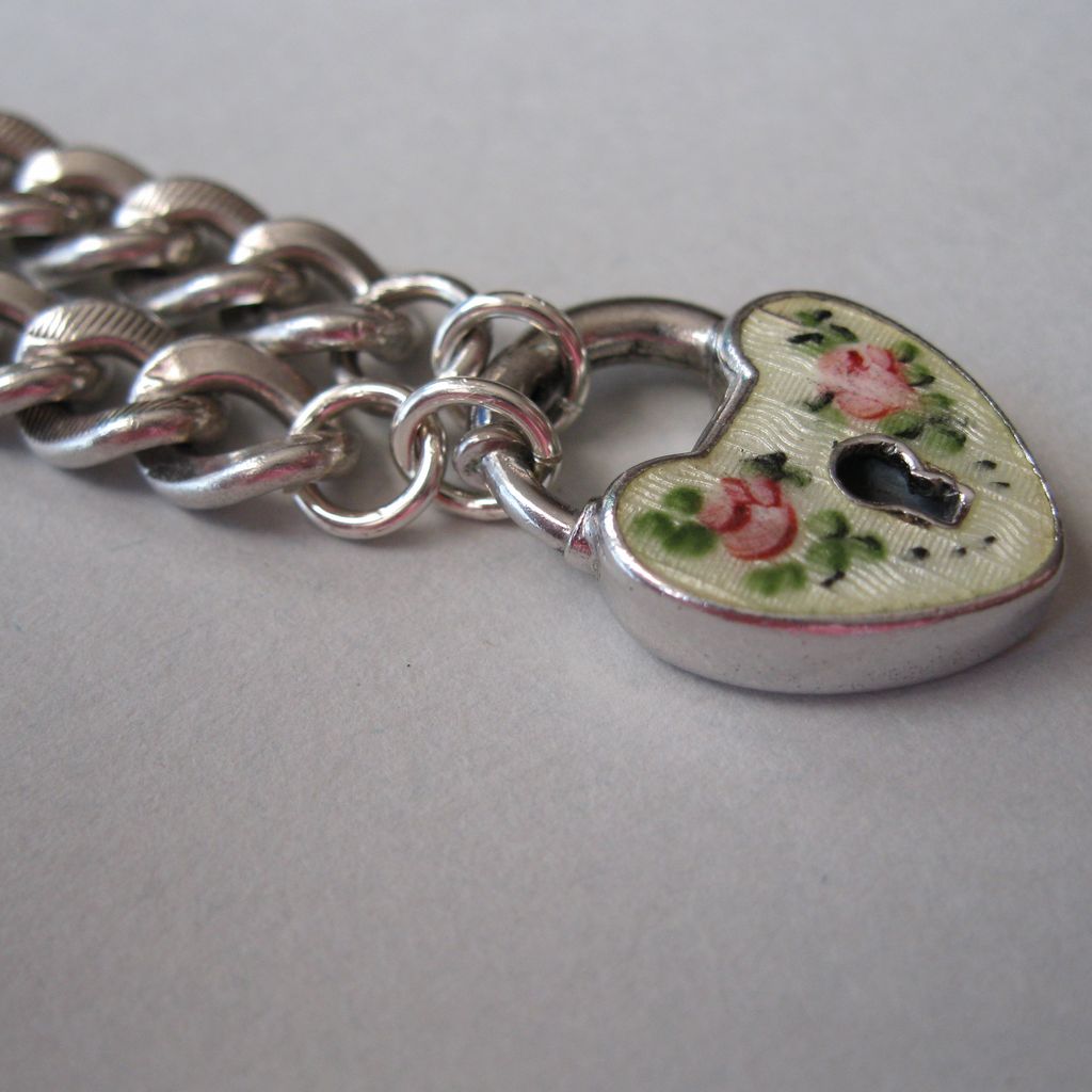 Vintage Sterling Guilloche Rose Heart Padlock Charm Bracelet Vintage Sterling Guilloche Rose Heart Padlock Charm Bracelet