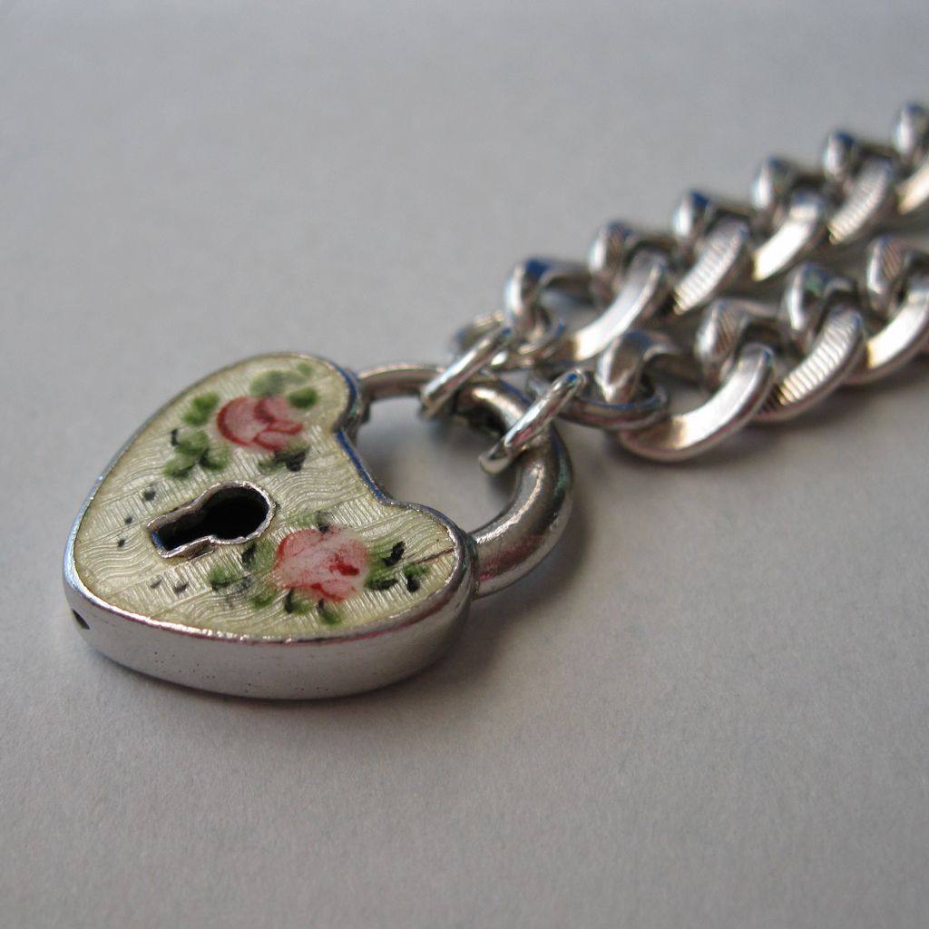 Vintage Sterling Guilloche Rose Heart Padlock Charm Bracelet Vintage Sterling Guilloche Rose Heart Padlock Charm Bracelet