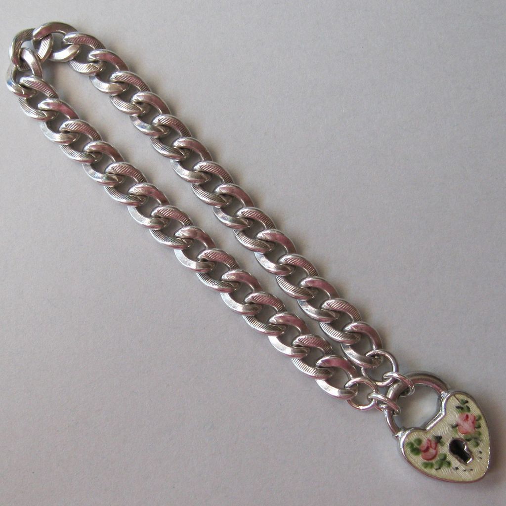 Vintage Sterling Guilloche Rose Heart Padlock Charm Bracelet Vintage Sterling Guilloche Rose Heart Padlock Charm Bracelet