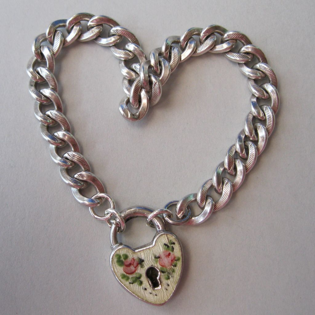 Vintage Sterling Guilloche Rose Heart Padlock Charm Bracelet Vintage Sterling Guilloche Rose Heart Padlock Charm Bracelet