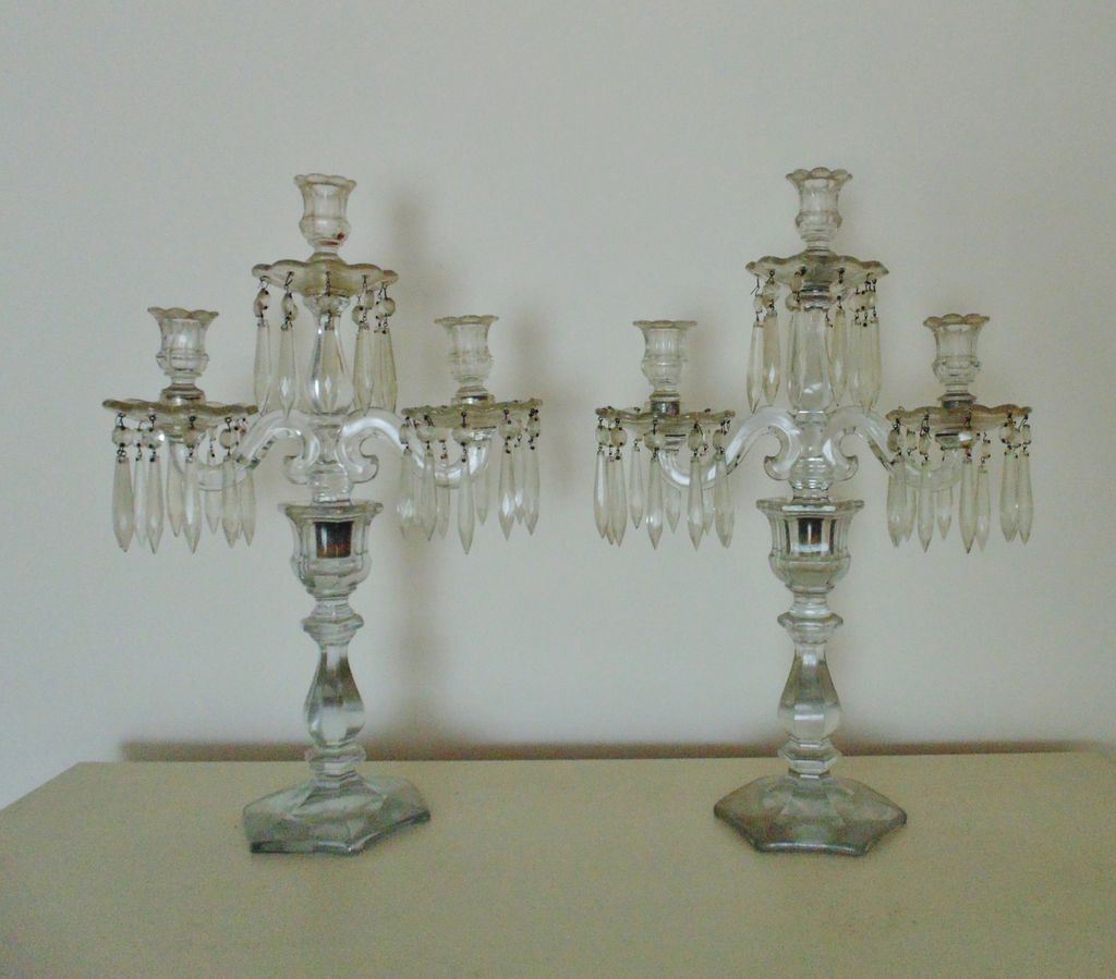 Pair 19c Antique Victorian Candelabra Glass Candle Holders w/ Prisms