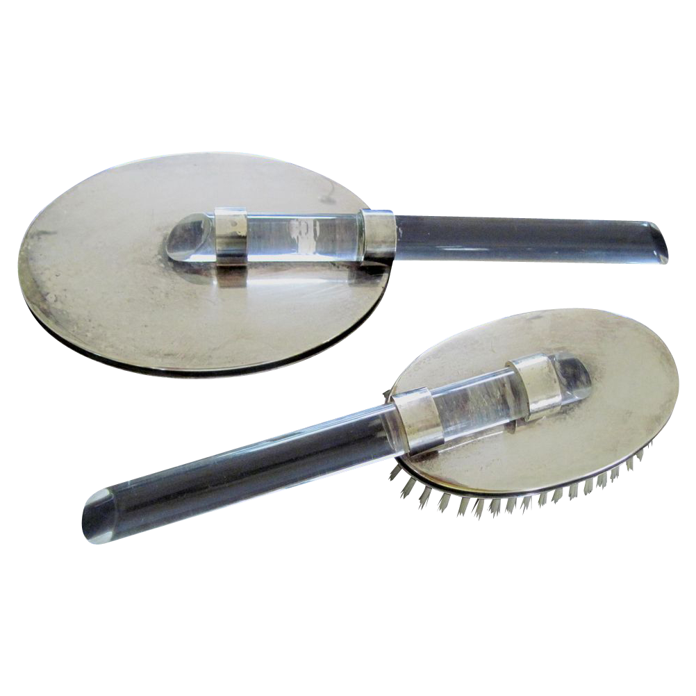 Thick heavy old lucite and silver plate vanity set nice mid century Thick heavy old lucite and silver plate vanity set nice mid century