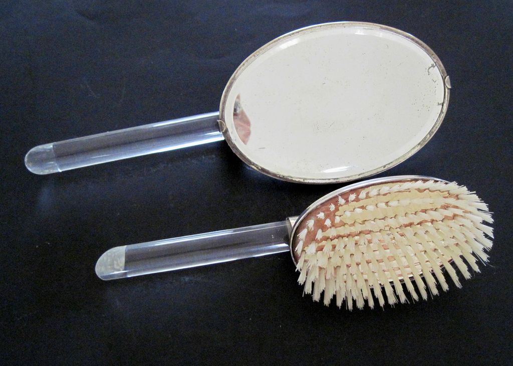 Thick heavy old lucite and silver plate vanity set nice mid century Thick heavy old lucite and silver plate vanity set nice mid century