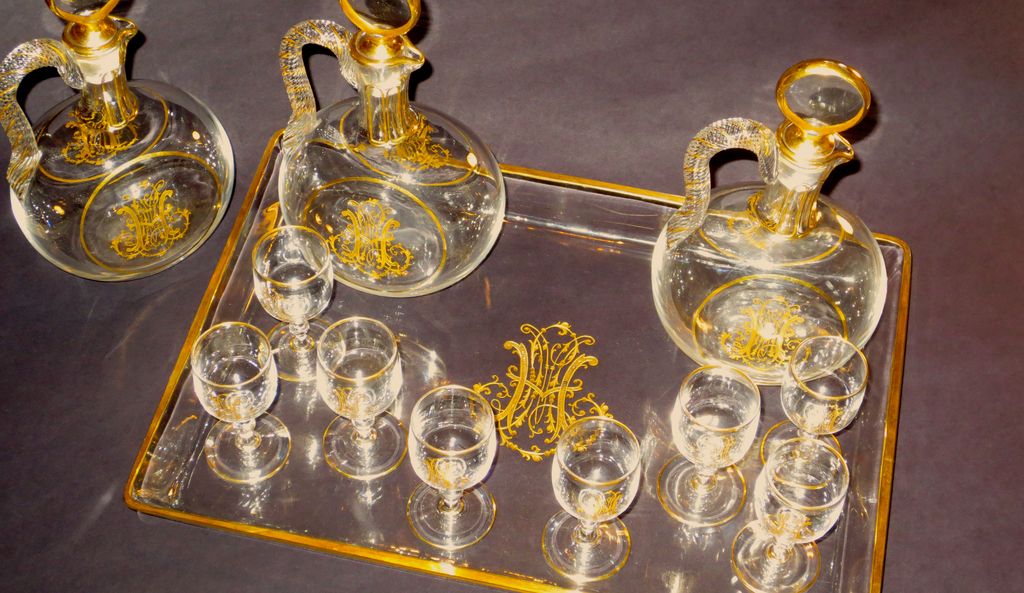 Baccarat for Le Rosey Paris 12 piece Liquor Set w/Gilt & Engraved Monoram Baccarat for Le Rosey Paris 12 piece Liquor Set w/Gilt & Engraved Monoram