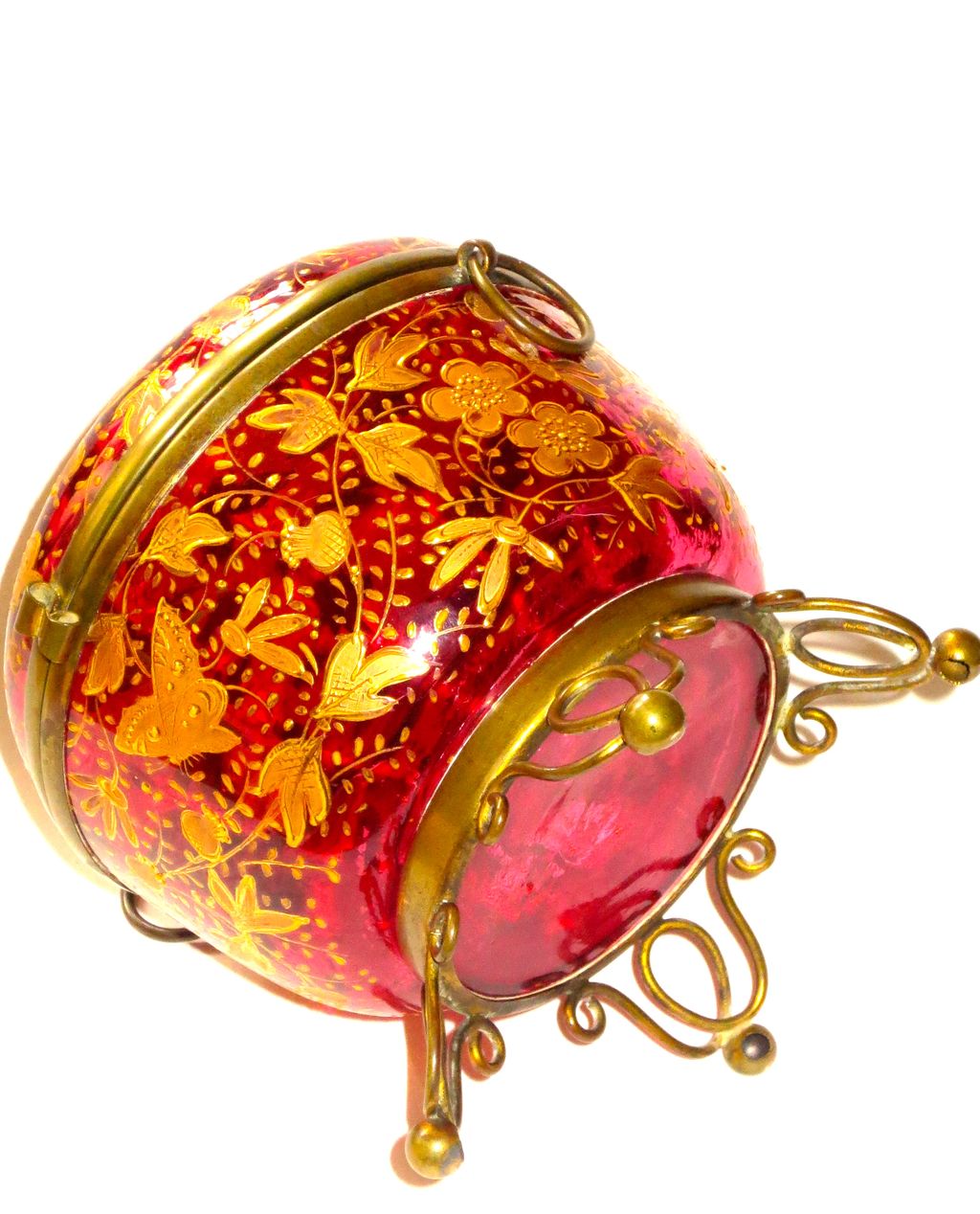 Large Moser Style Mounted Covered Box Cranberry w/Butterflies Large Moser Style Mounted Covered Box Cranberry w/Butterflies