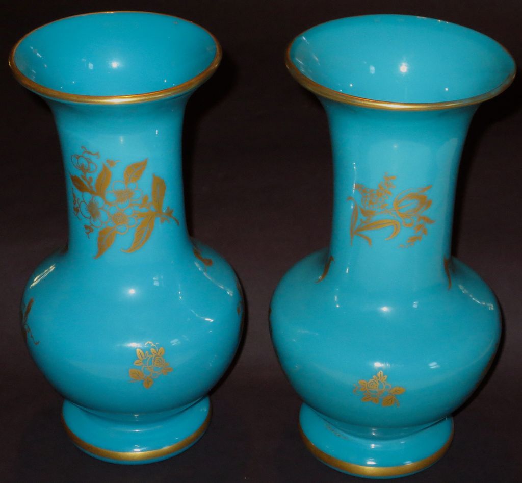 Pair Blue Opaline Signed Baccarat Gilt Baluster Ca. 1870 Vases Pair Blue Opaline Signed Baccarat Gilt Baluster Ca. 1870 Vases