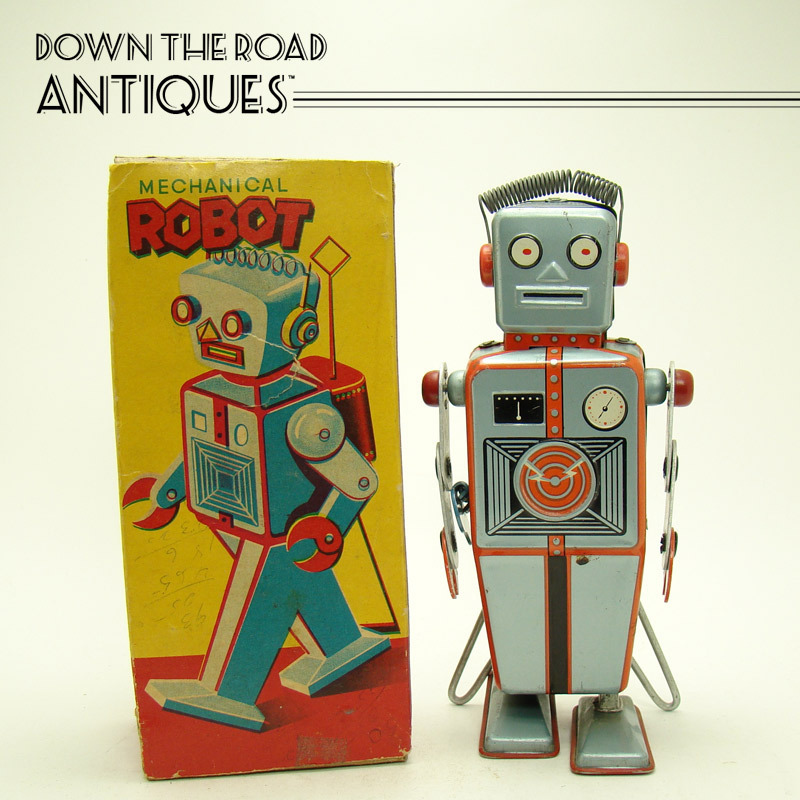 Linemar Mechanical EaselBack Robot Windup Toy Near Mint in Box from dtrantiques on Ruby Lane