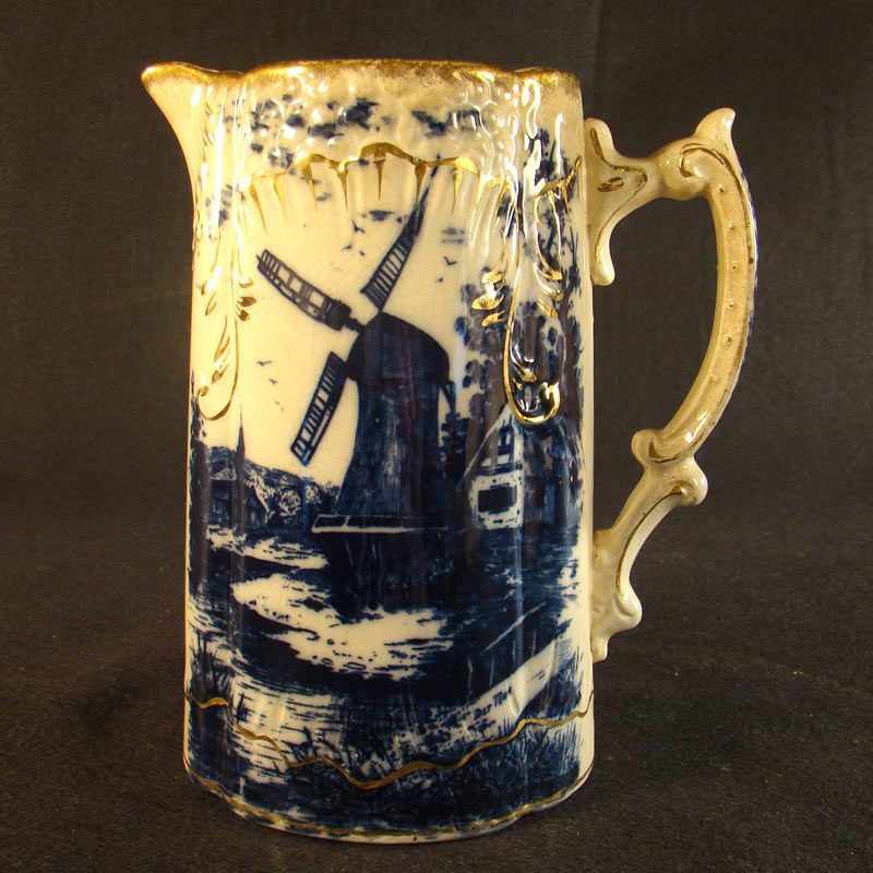 Flow Blue Pitcher with Gold Tracery feat. Nautical Scene and Windmill Flow Blue Pitcher with Gold Tracery feat. Nautical Scene and Windmill