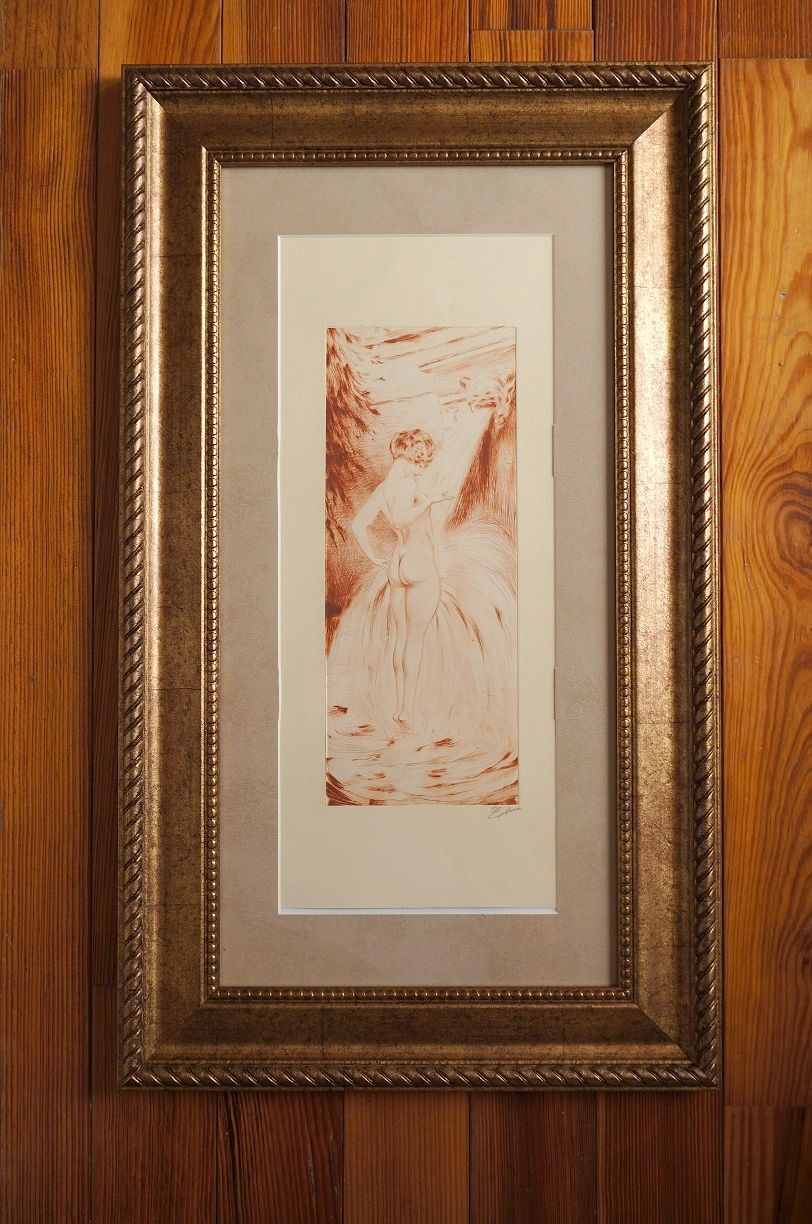 Lovely European Art Deco Sepia Nude Signed Etching, c. 1925 Lovely European Art Deco Sepia Nude Signed Etching, c. 1925
