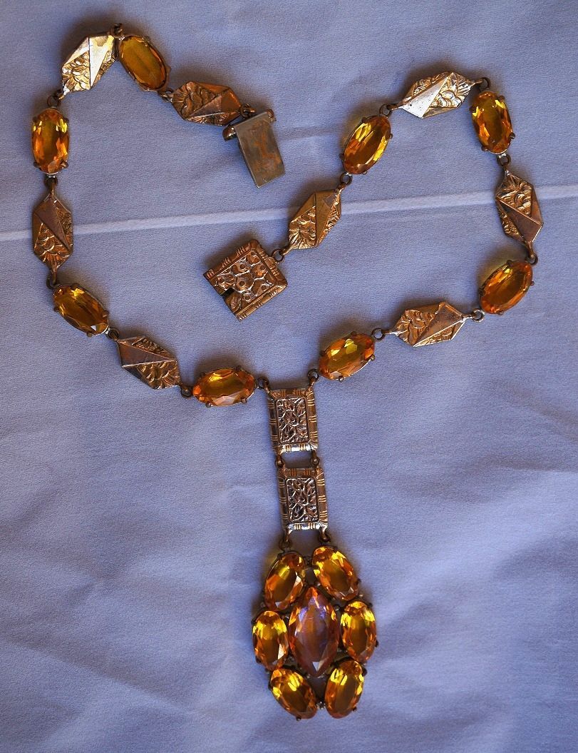 Fabulous Ornate French ART DECO Jeweled Necklace, Amber Glass Stones Fabulous Ornate French ART DECO Jeweled Necklace, Amber Glass Stones