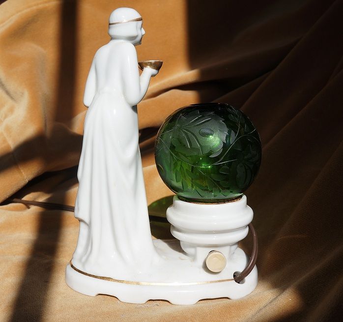 ART DECO Semi Nude Lady Porcelain Perfume Lamp, Original Etched Globe ART DECO Semi Nude Lady Porcelain Perfume Lamp, Original Etched Globe