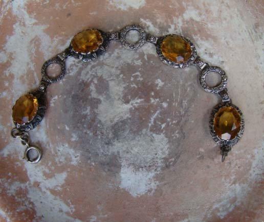 Signed 800 Silver Deco Era Bracelet Citrine Glass Stones Hallmarks Signed 800 Silver Deco Era Bracelet Citrine Glass Stones Hallmarks