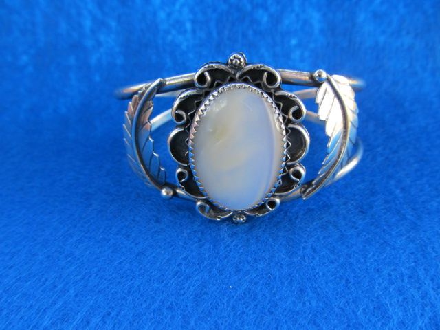 Signed Silver "LY" Leo Yazzie Cuff Bracelet with Mother of Pearl Signed Silver "LY" Leo Yazzie Cuff Bracelet with Mother of Pearl