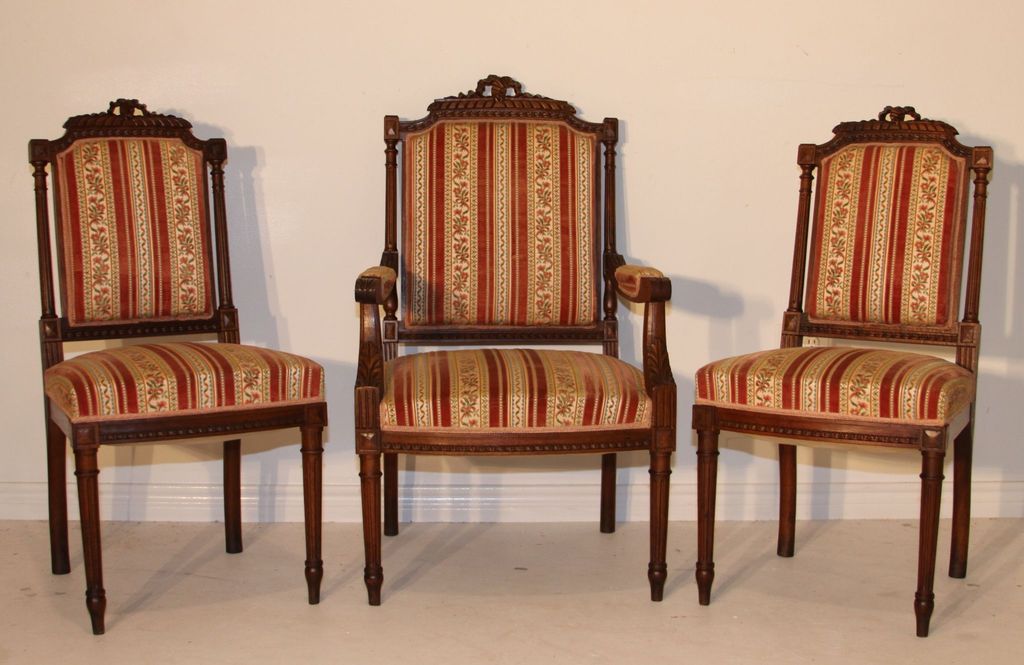 Three Louis XVI Style Arm Chairs French Antique Walnut Three Louis XVI Style Arm Chairs French Antique Walnut