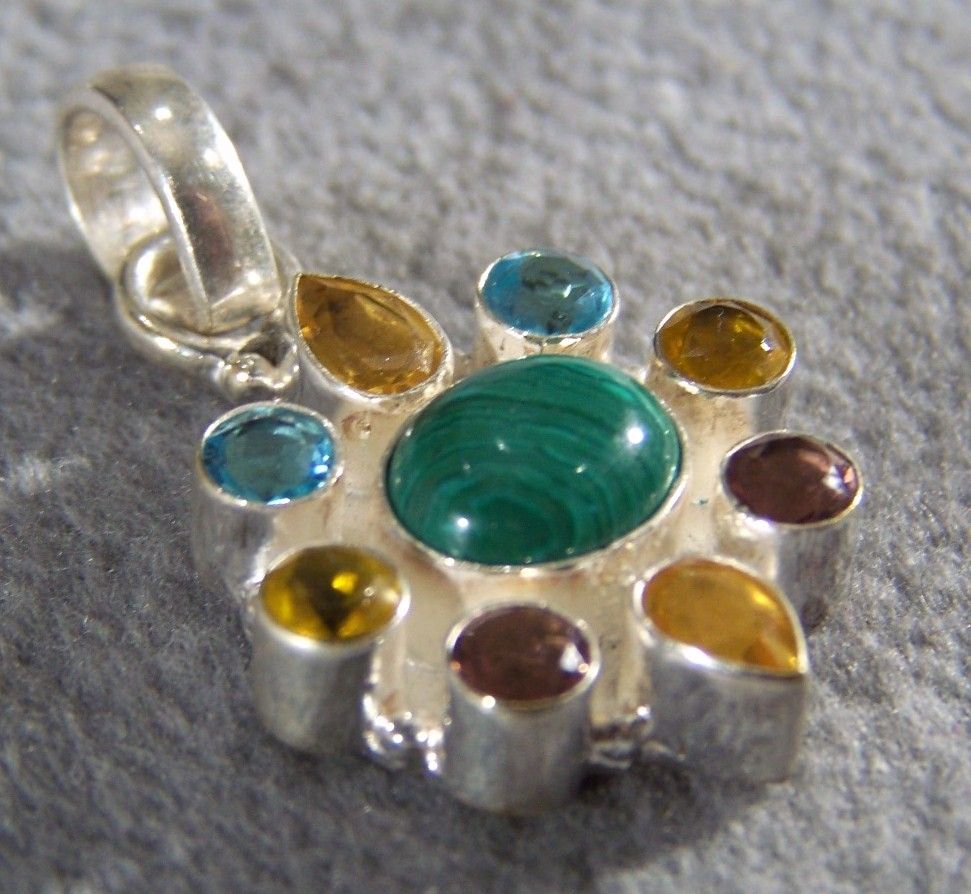 Vintage Sterling Silver Bold Malachite Multi gem Charm Pendant Vintage Sterling Silver Bold Malachite Multi gem Charm Pendant