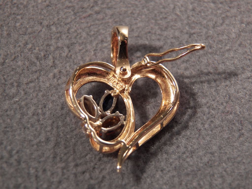 Vintage 14 K Yellow Gold Marquise Golden Citrine Blue Sapphire Diamond Fancy Bold Heart Pendant Charm Enhancer Vintage 14 K Yellow Gold Marquise Golden Citrine Blue Sapphire Diamond Fancy Bold Heart Pendant Charm Enhancer