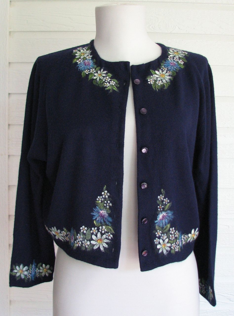 1960s Cardigan Sweater Talbott Set Handpainted Flowers 1960s Cardigan Sweater Talbott Set Handpainted Flowers