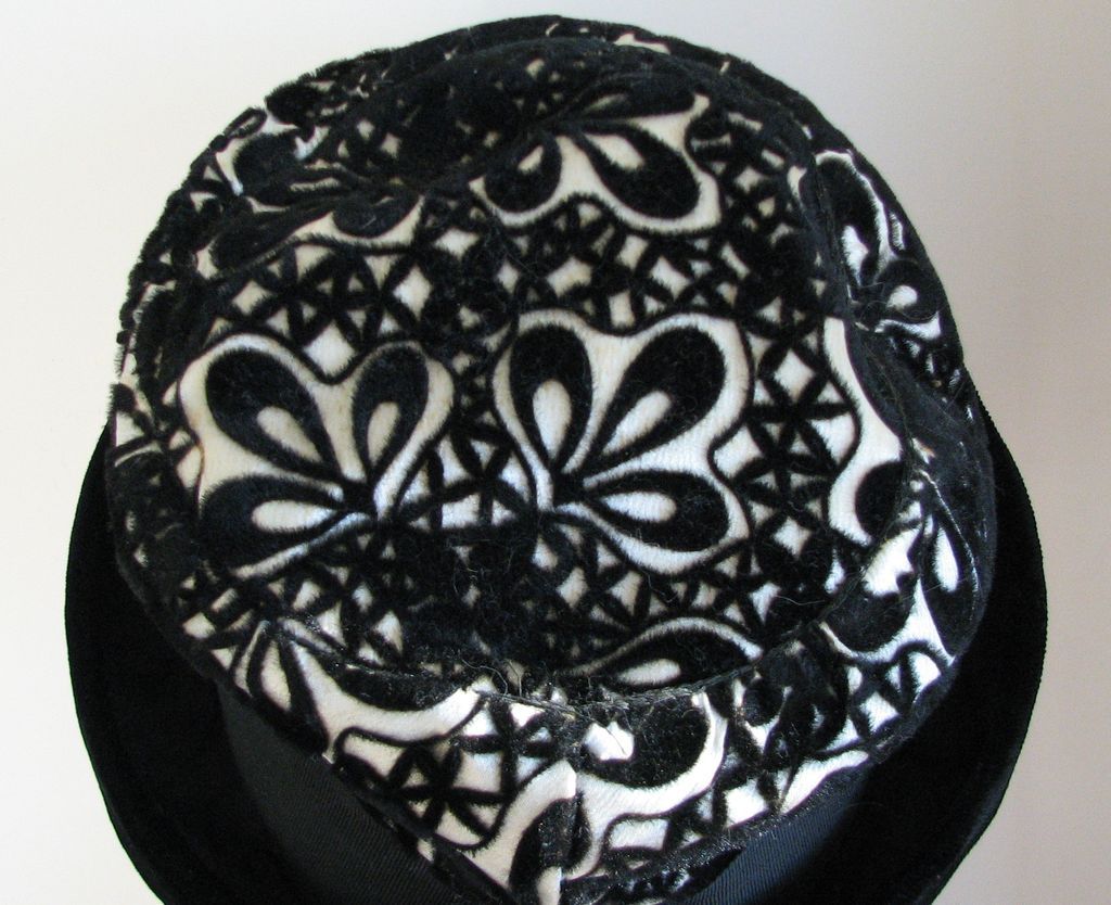 Hat Flocked Black White Cut Velvet 1960s Hat Flocked Black White Cut Velvet 1960s