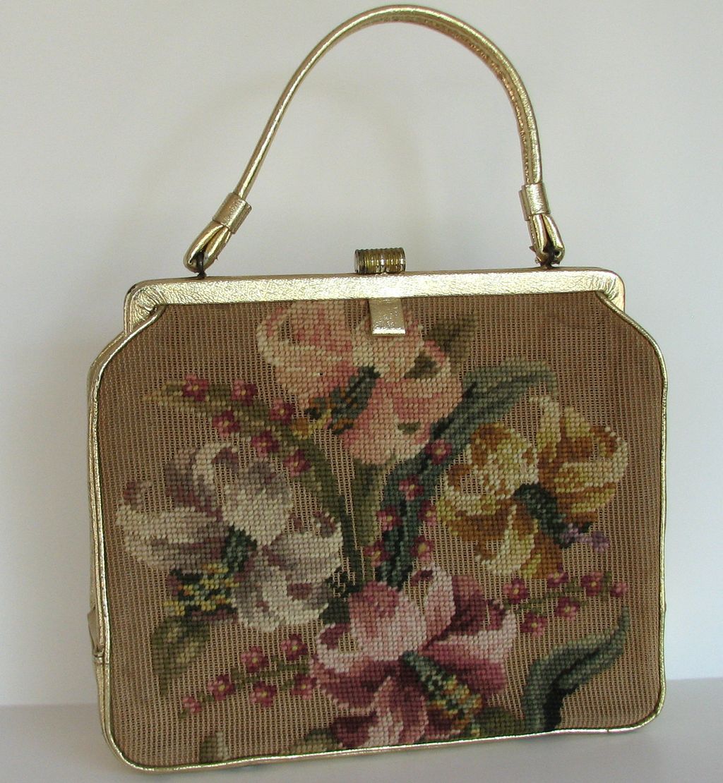 Purse Tapestry Lilies Large Gold Vinyl Kelly Purse Tapestry Lilies Large Gold Vinyl Kelly