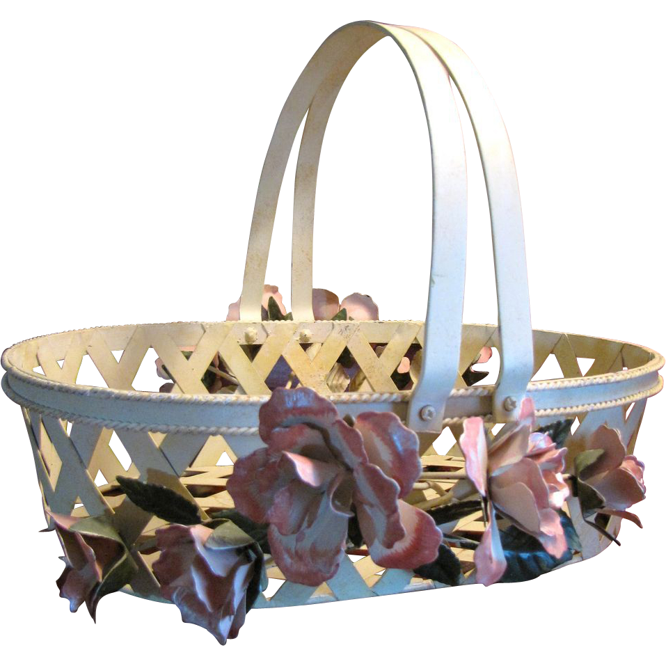 Lovely Vintage Hand Painted Metal Tole Floral Basket Lovely Vintage Hand Painted Metal Tole Floral Basket