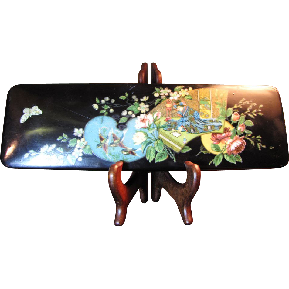 Superb Quality Victorian Oriental Geisha Design Papier Mache Glove Box Superb Quality Victorian Oriental Geisha Design Papier Mache Glove Box