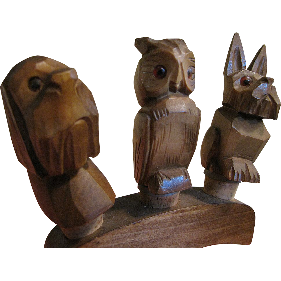 Set of 3 Hand Carved Vintage Wooden Figural Animal Bottle Stoppers Set of 3 Hand Carved Vintage Wooden Figural Animal Bottle Stoppers