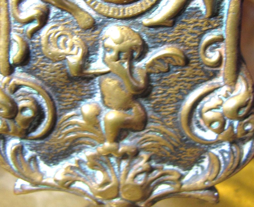 1900, Antique Brass Embossed Cherub Ornate Matchbox Holder With Pipe Ashtray 1900, Antique Brass Embossed Cherub Ornate Matchbox Holder With Pipe Ashtray