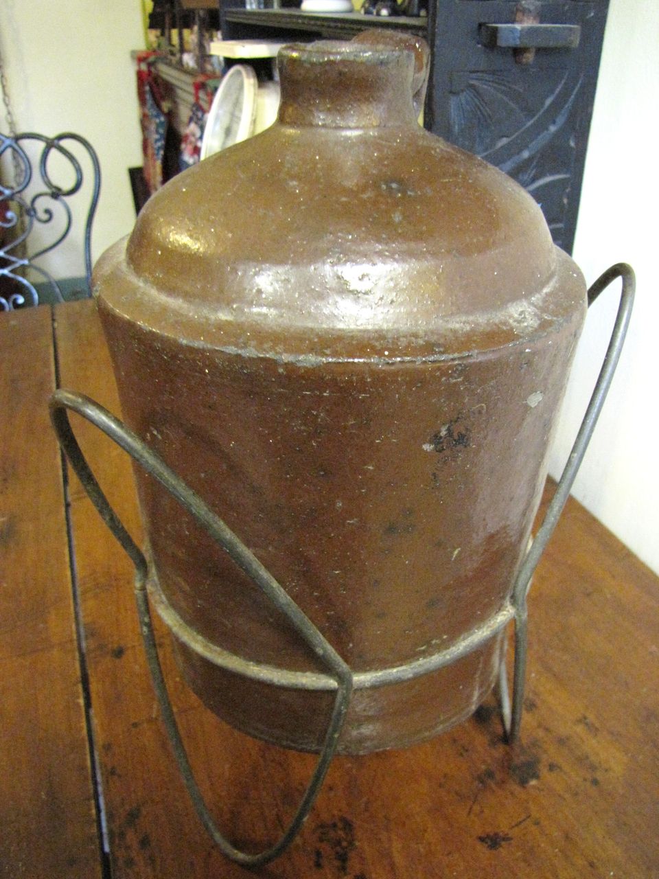 Rare 1 Gal. Mid 19th Century Edgefield Alkaline Glazed Jug, Handmade Stand Rare 1 Gal. Mid 19th Century Edgefield Alkaline Glazed Jug, Handmade Stand