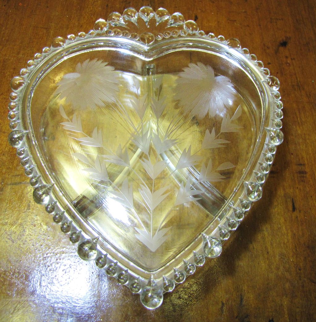 Paden City Glass Floral Etched Heart Shaped Candy Box & Large Plate Paden City Glass Floral Etched Heart Shaped Candy Box & Large Plate