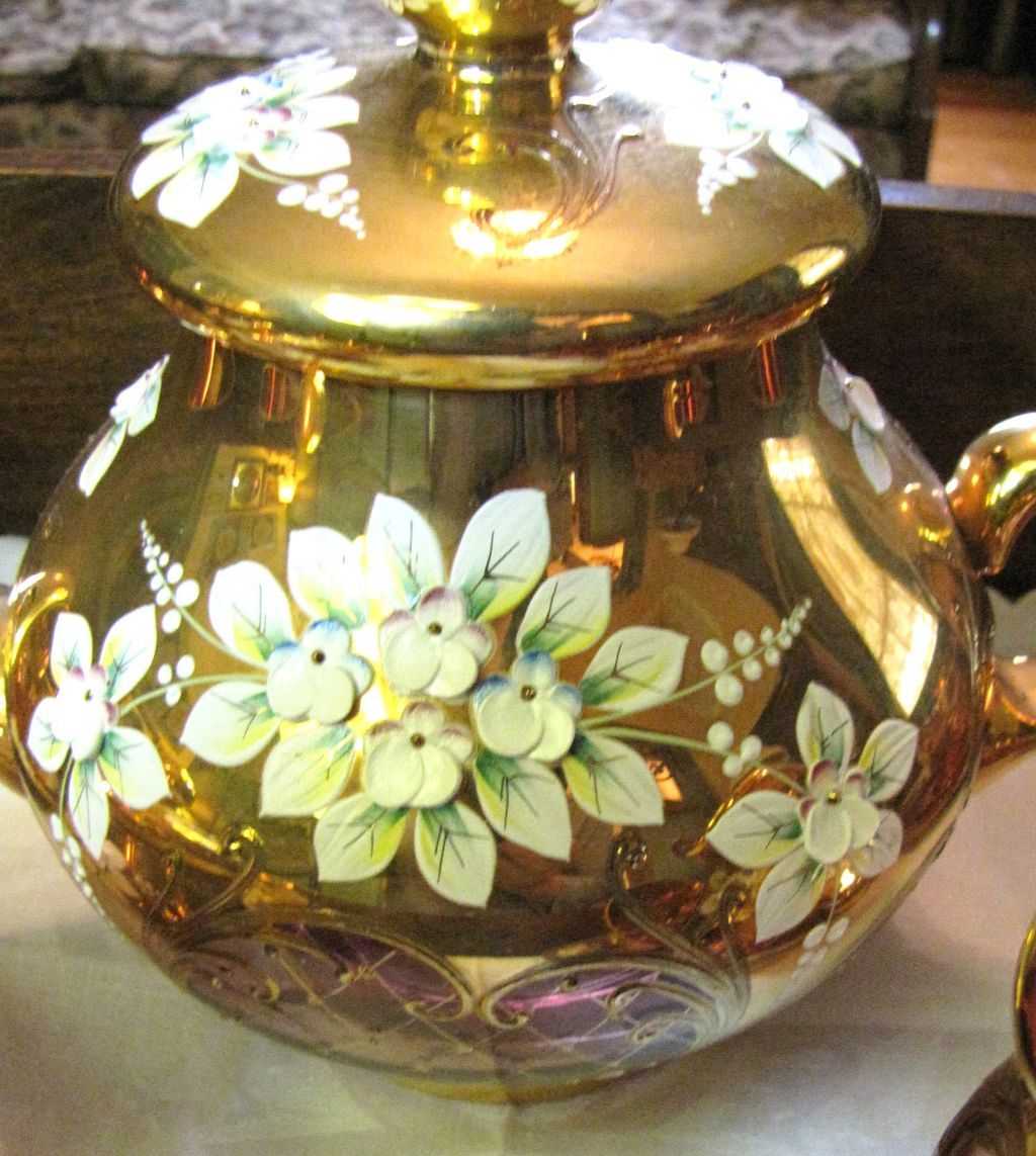 Vintage Pink Gilt & Enamelled Bohemian Glass 17 Piece Tea Set from