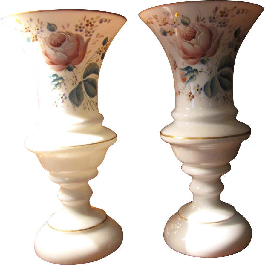 Beautiful Pair of Opaline Milk Glass Vases with Hand Painted Roses Beautiful Pair of Opaline Milk Glass Vases with Hand Painted Roses