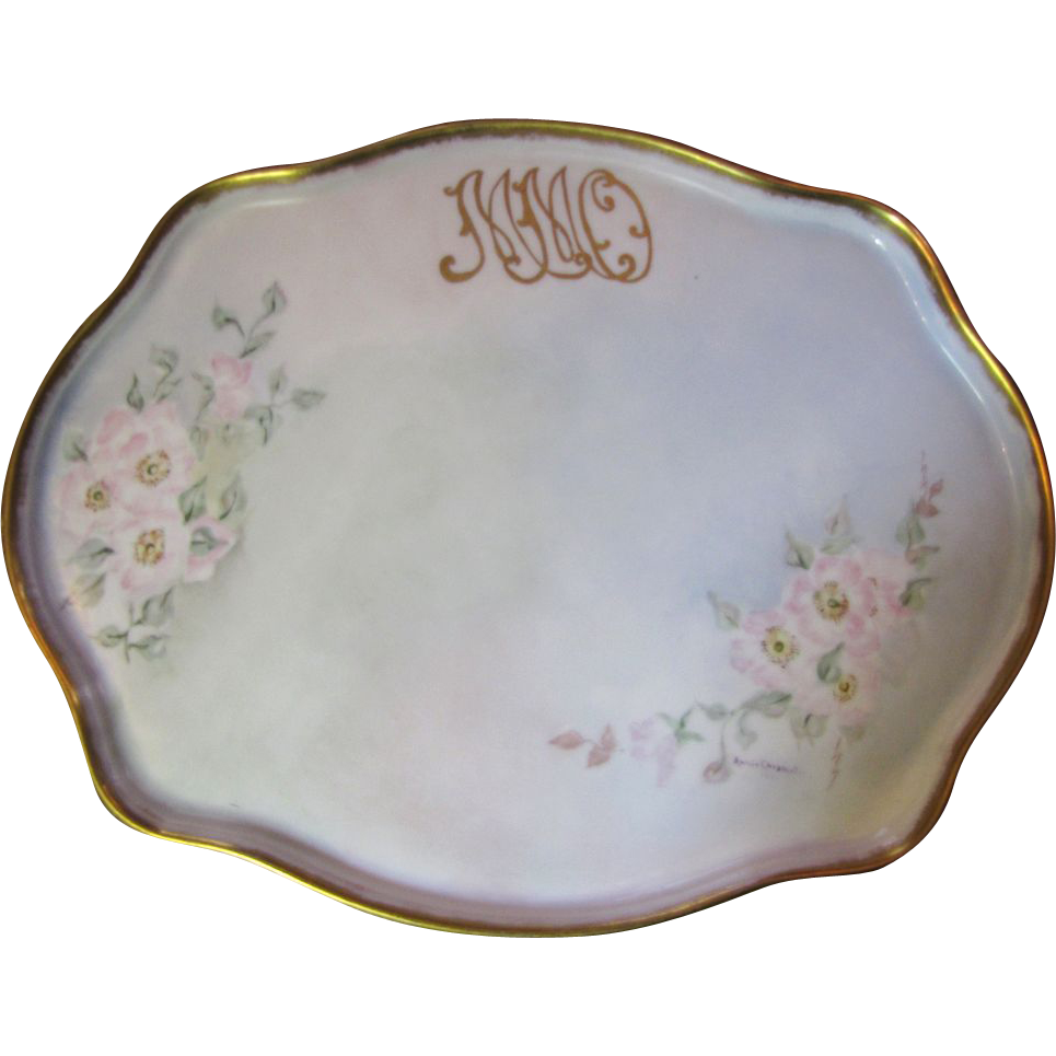 Large 16" Hand Painted Floral Porcelain Vanity Tray Dated 1914 Large 16" Hand Painted Floral Porcelain Vanity Tray Dated 1914