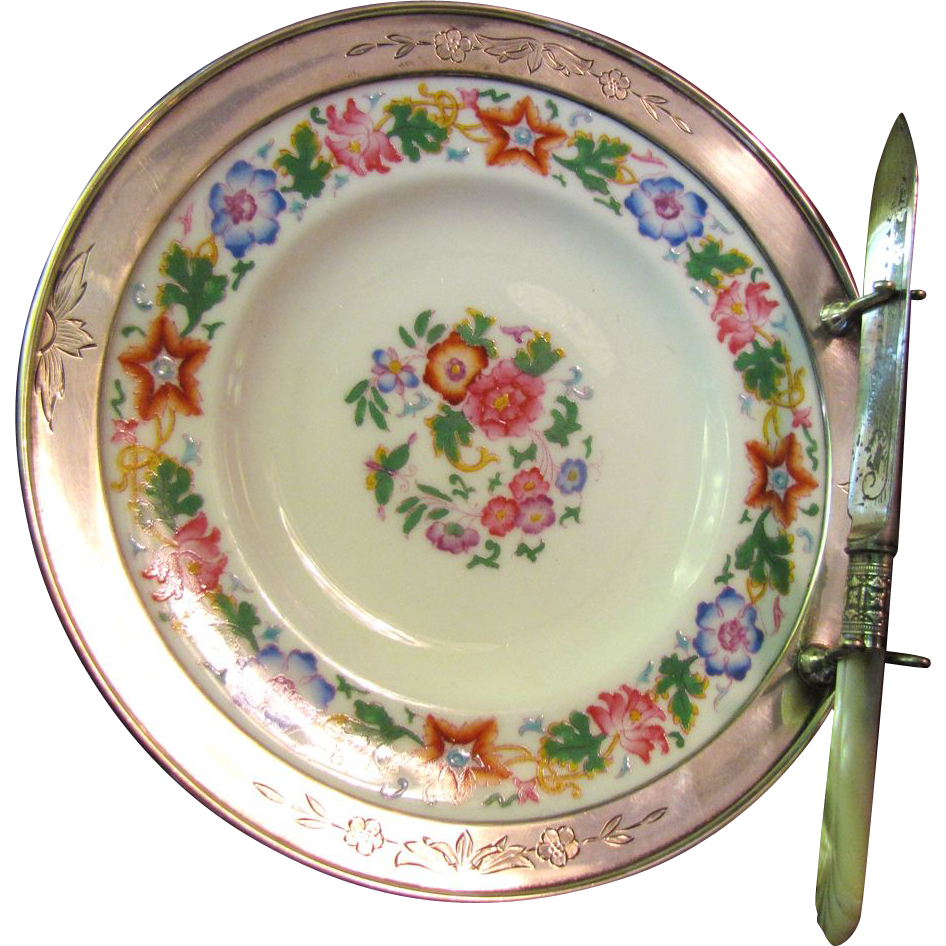 RARE Antique Wedgwood Plate Sterling with Mounted Border & Mother of Pearl Knife RARE Antique Wedgwood Plate Sterling with Mounted Border & Mother of Pearl Knife