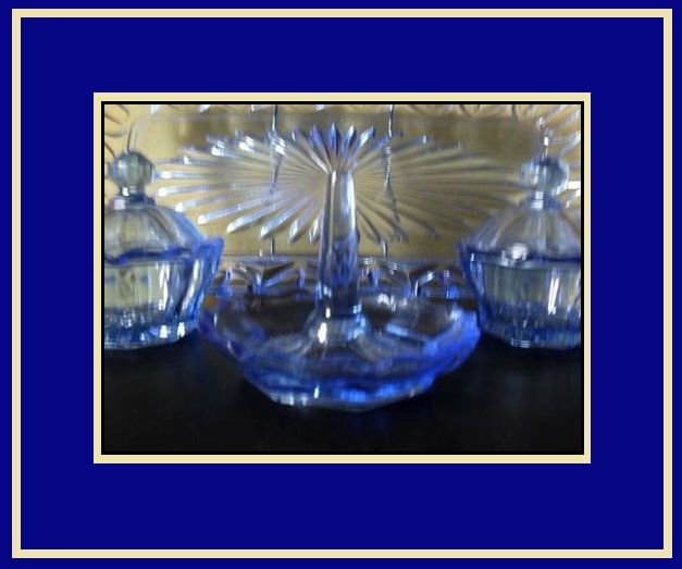 A Charming English Art Deco 1930s - 1940s Blue Glass Trinket Vanity Set A Charming English Art Deco 1930s - 1940s Blue Glass Trinket Vanity Set