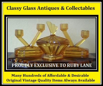 Original 1930s English Art Deco Amber Depression Glass Vanity Trinket Set by Bagley Original 1930s English Art Deco Amber Depression Glass Vanity Trinket Set by Bagley