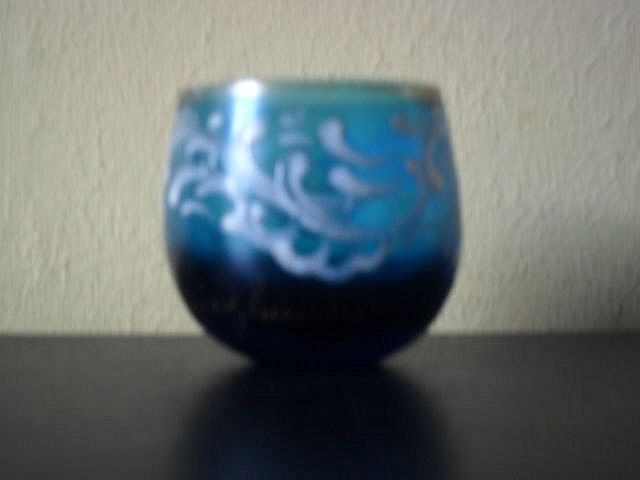 Early c20th Aqua-Blue Glass & Enamelled Stirrup Cup by The School of Barsinghausen,Germany Early c20th Aqua-Blue Glass & Enamelled Stirrup Cup by The School of Barsinghausen,Germany