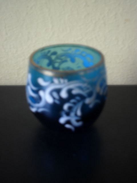 Early c20th Aqua-Blue Glass & Enamelled Stirrup Cup by The School of Barsinghausen,Germany Early c20th Aqua-Blue Glass & Enamelled Stirrup Cup by The School of Barsinghausen,Germany